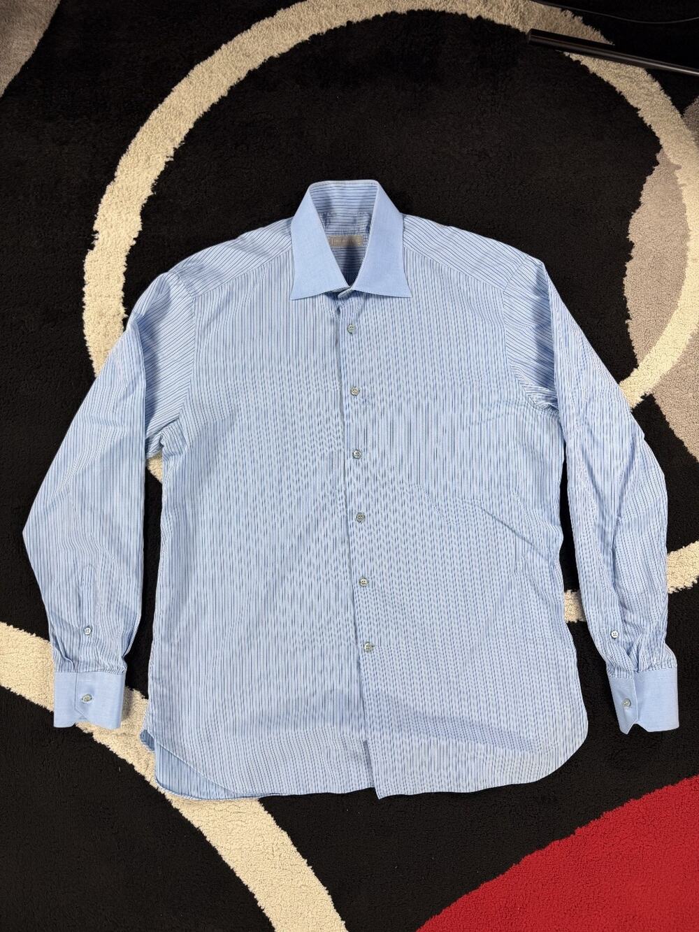 STEFANO RICCI Mens 43 17 Blue Striped Cotton Dress Shirt Long Sleeve Button Up